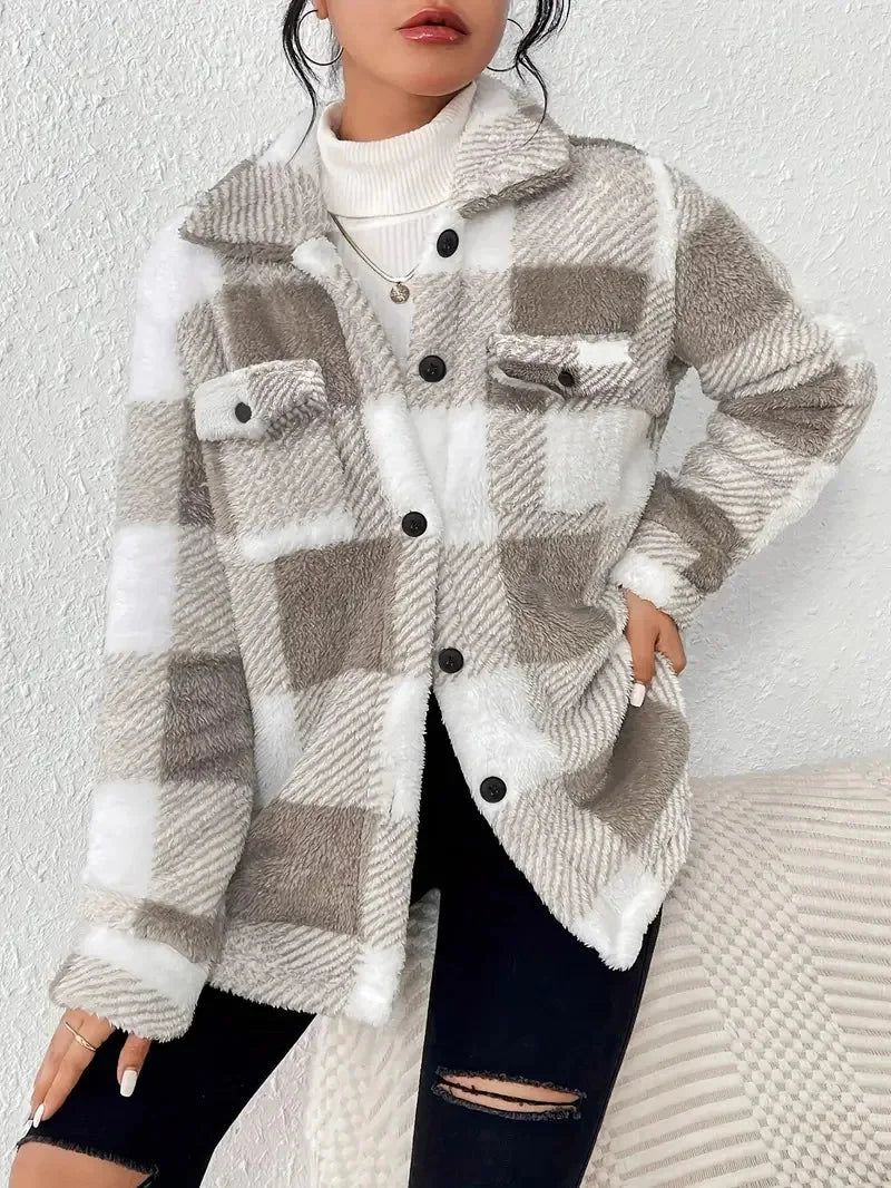 Women's plaid fleece jacket with flattering fit