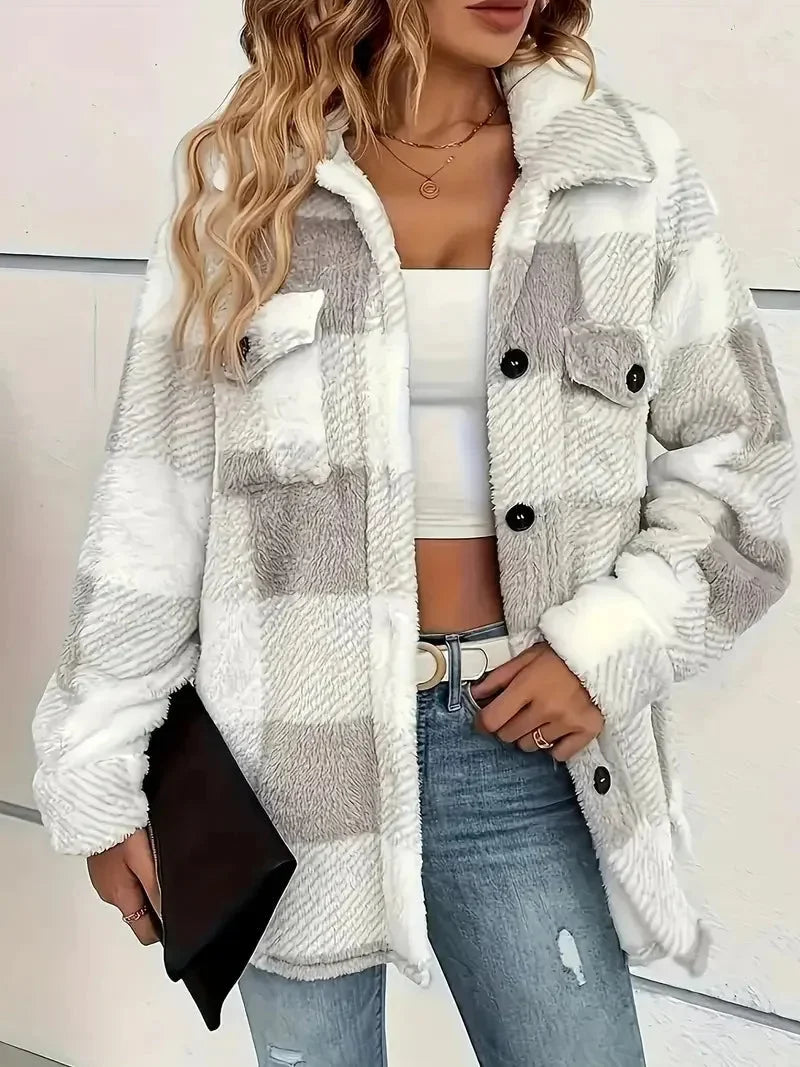 Women's plaid fleece jacket with flattering fit