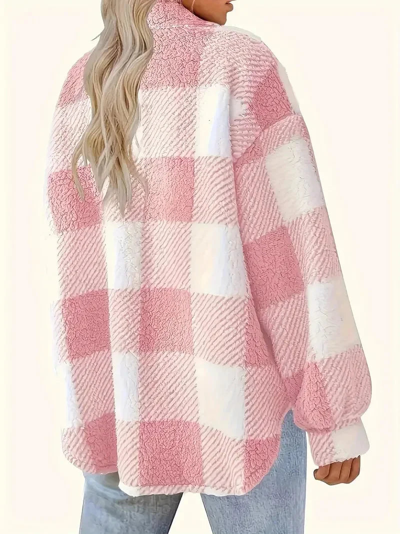 Women's plaid fleece jacket with flattering fit