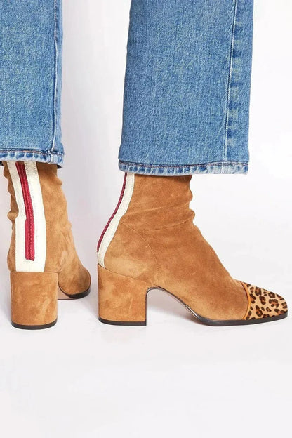 Women's suede ankle boots with leopard print toe and block heel