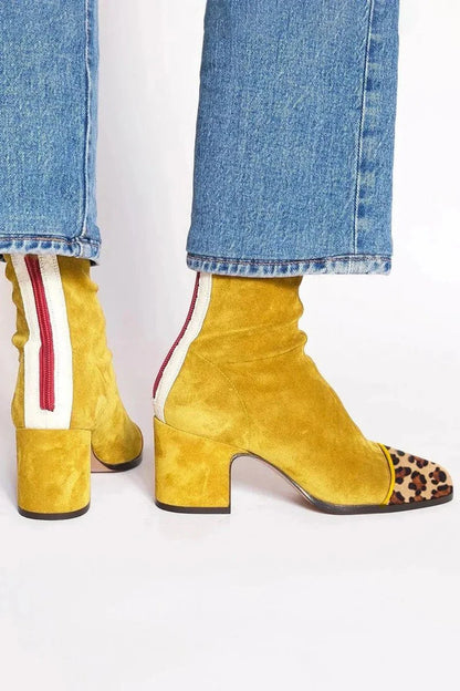 Women's suede ankle boots with leopard print toe and block heel