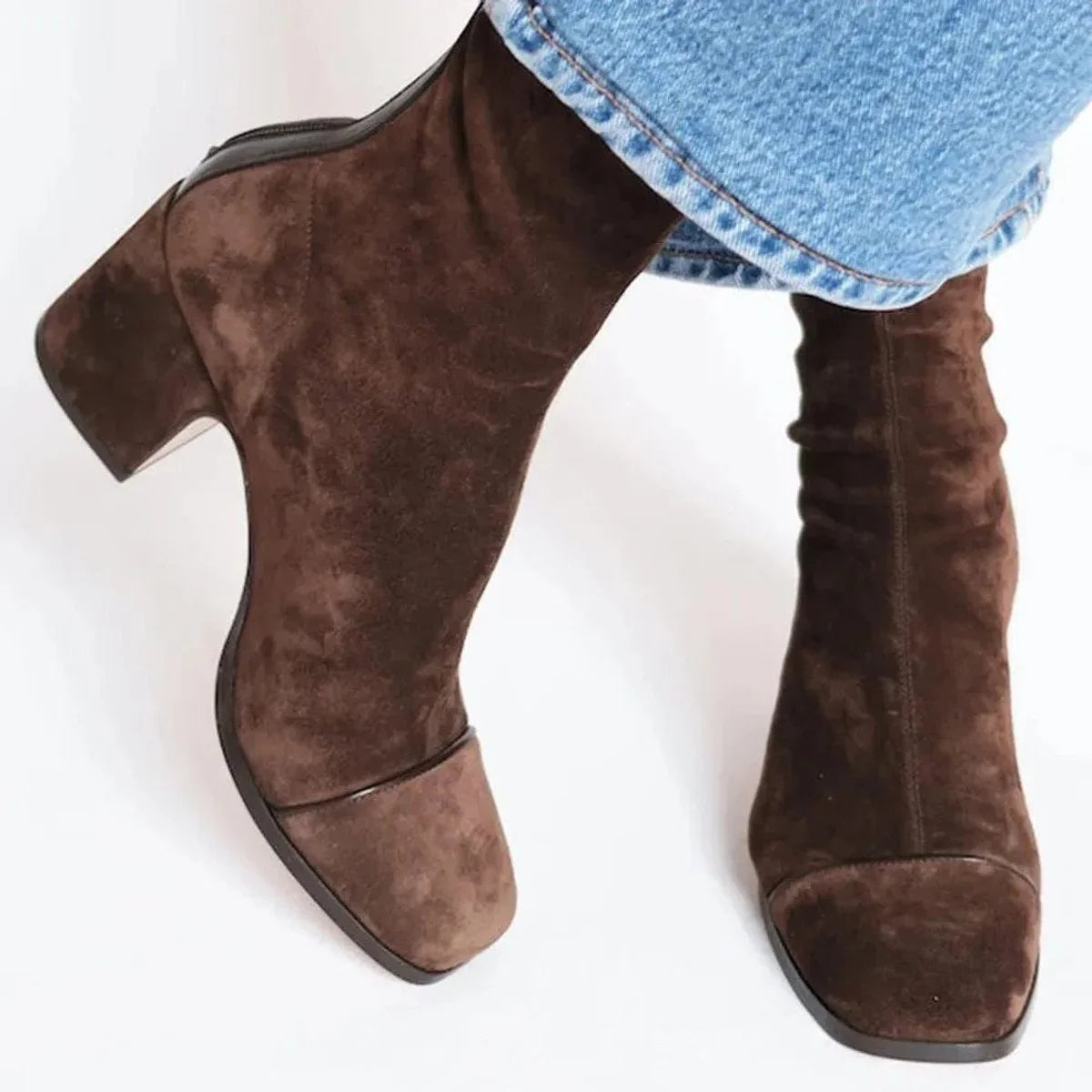 Women's suede ankle boots with leopard print toe and block heel