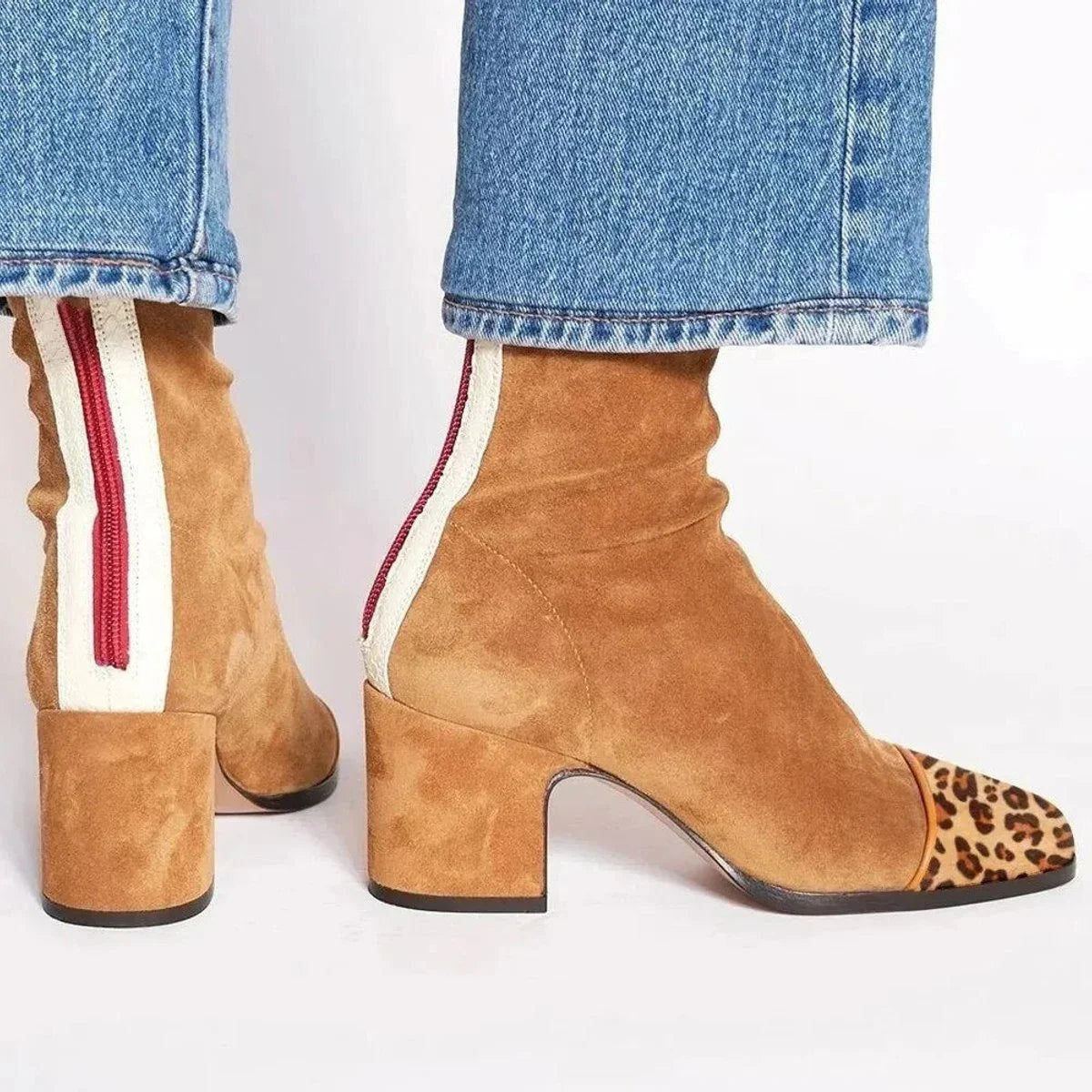 Women's suede ankle boots with leopard print toe and block heel – Brown