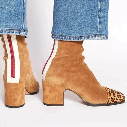 Women's suede ankle boots with leopard print toe and block heel – Brown