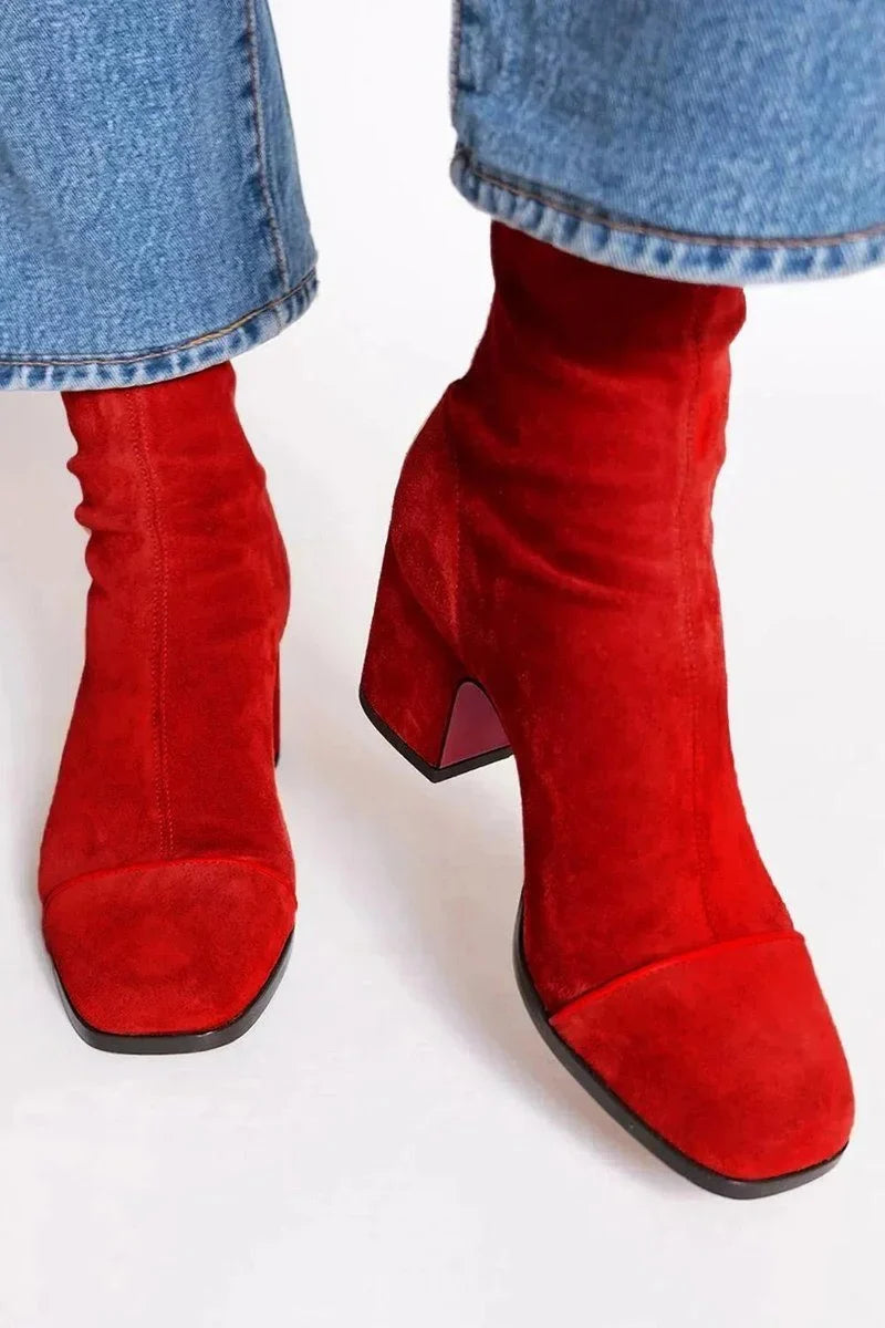 Women's suede ankle boots with leopard print toe and block heel