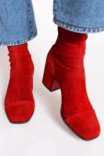Women's suede ankle boots with leopard print toe and block heel