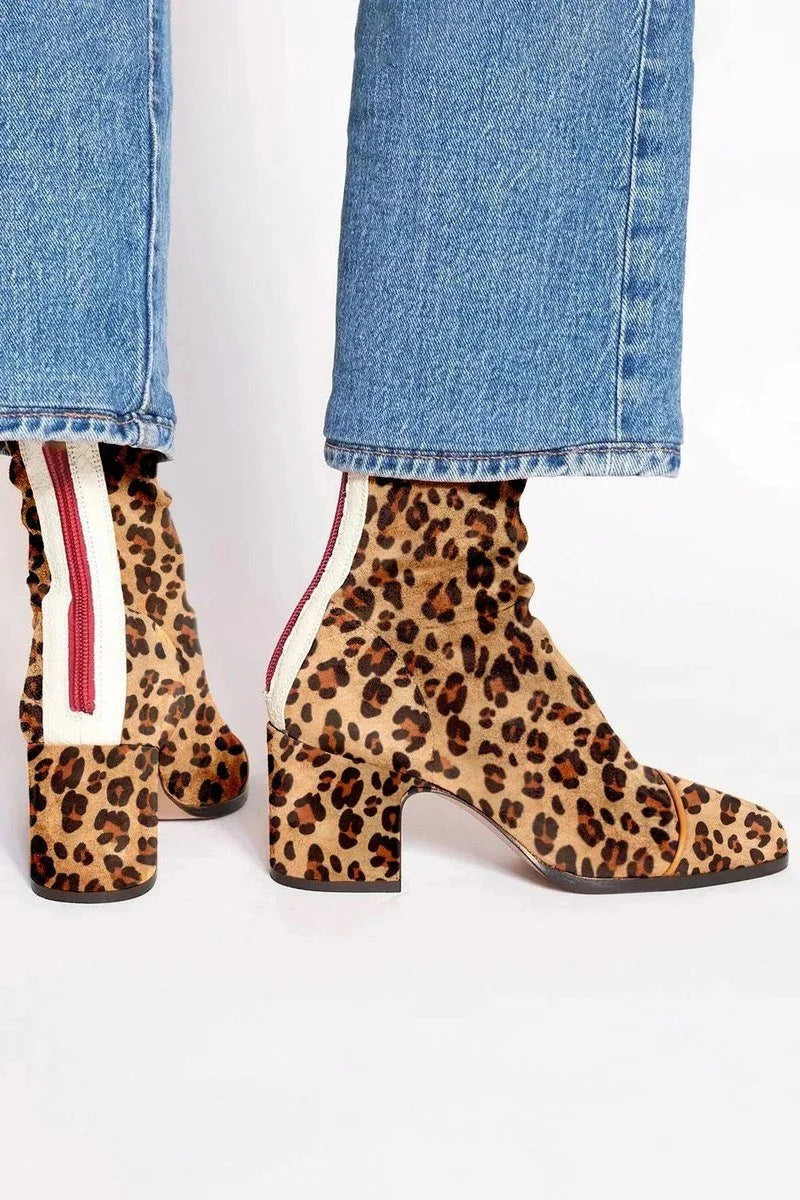 Women's suede ankle boots with leopard print toe and block heel – Leopard Print