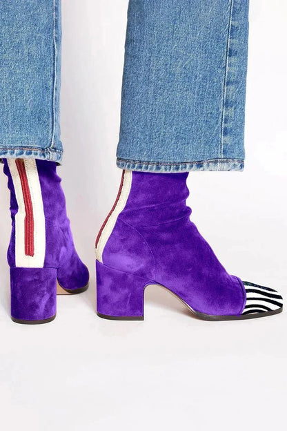 Women's suede ankle boots with leopard print toe and block heel – Purple