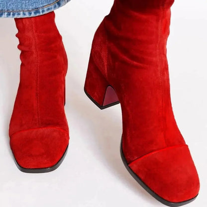 Women's suede ankle boots with leopard print toe and block heel – Red