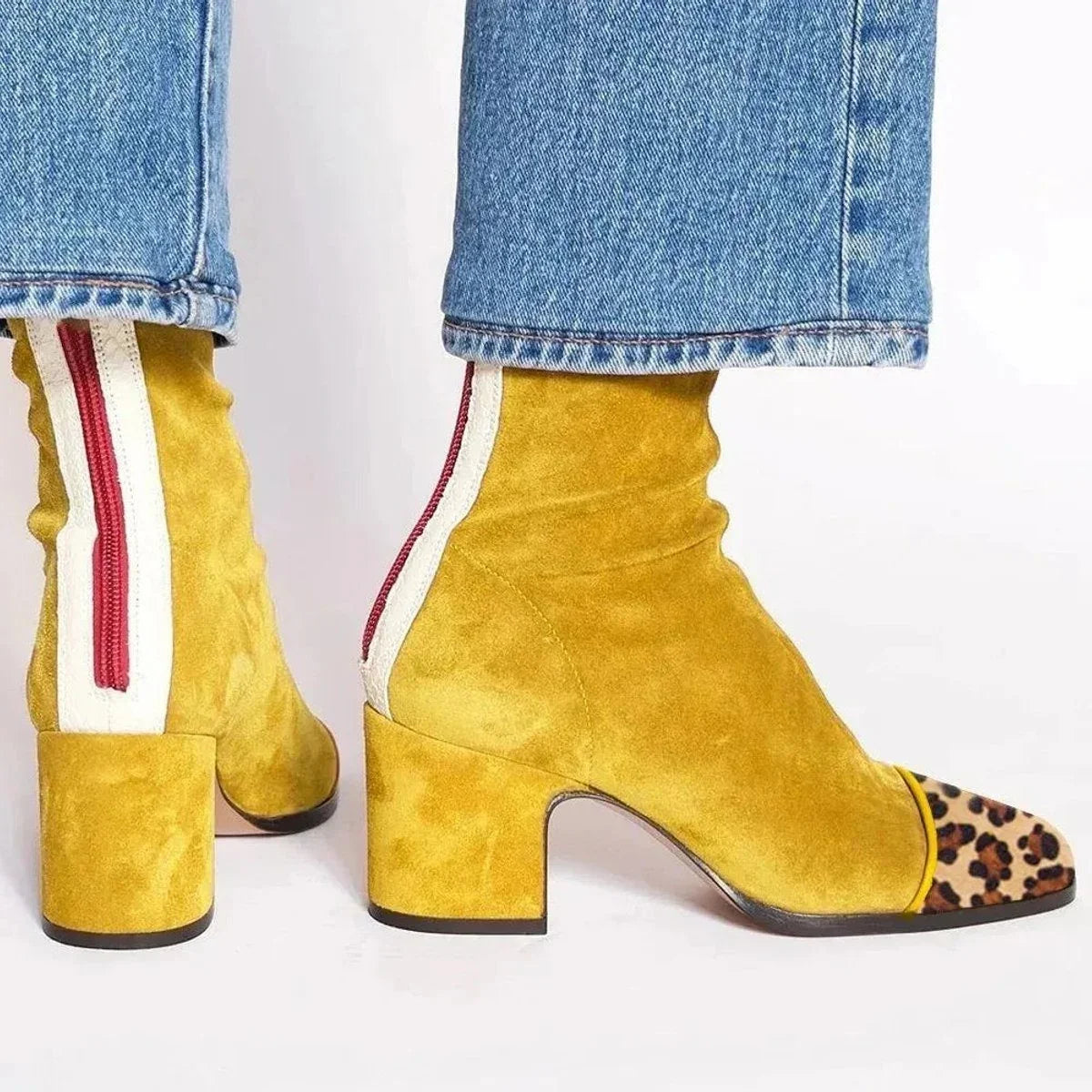 Women's suede ankle boots with leopard print toe and block heel – Yellow