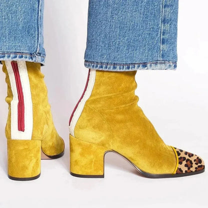 Women's suede ankle boots with leopard print toe and block heel – Yellow