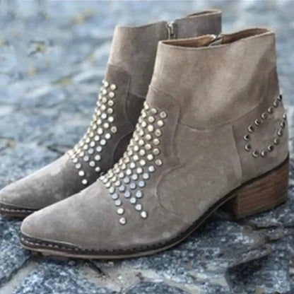 Women's suede ankle boots with stud detail and block heel – Beige