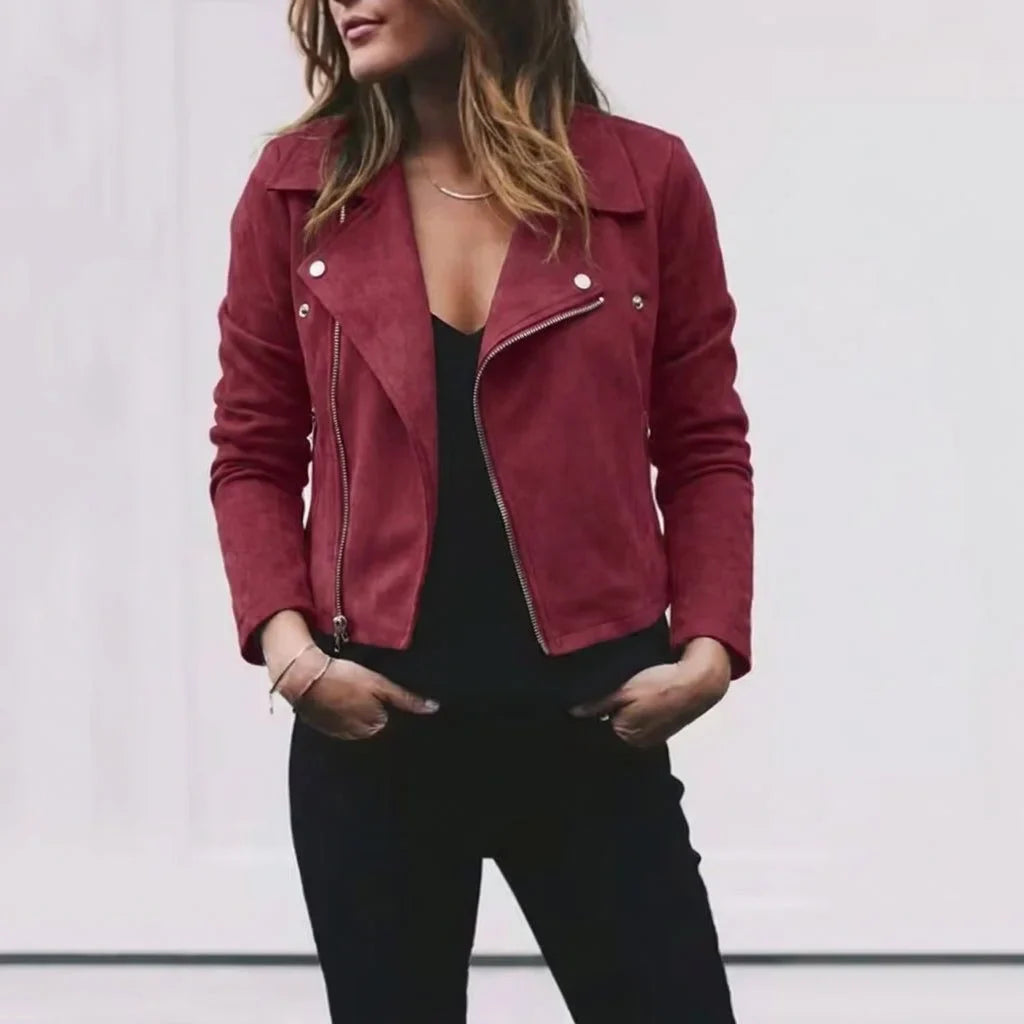 Women's suede cropped jacket with notched lapel and zip front – Burgundy