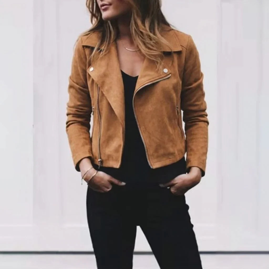 Women's suede cropped jacket with notched lapel and zip front – Khaki
