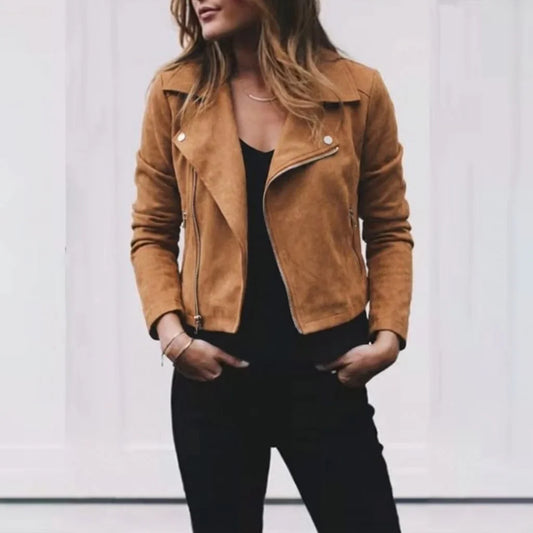 Women's suede cropped jacket with notched lapel and zip front – Khaki