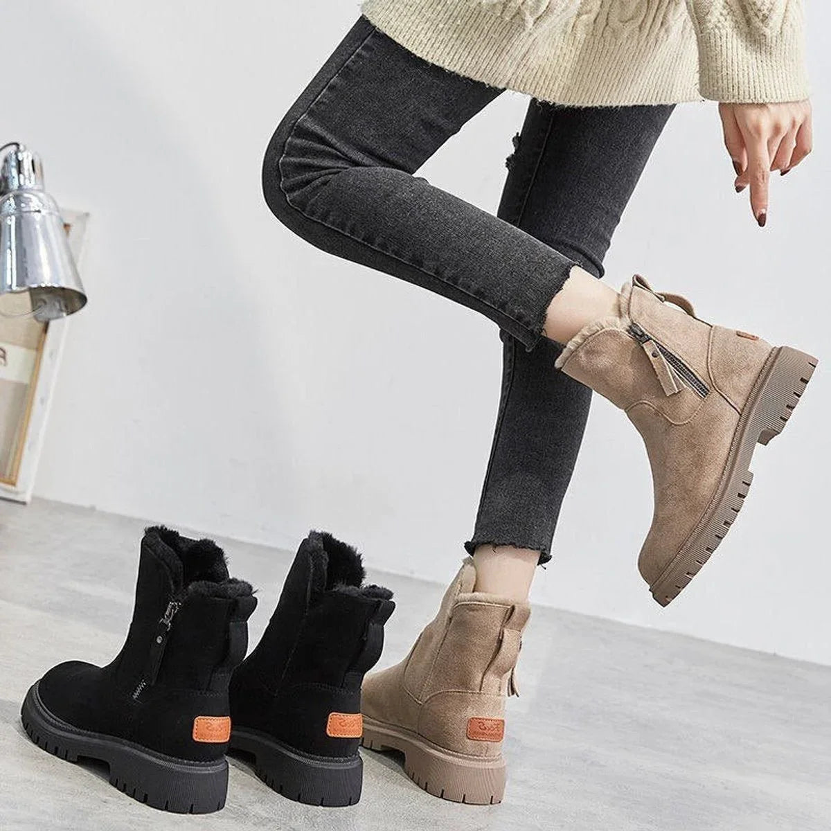 Women's suede slip-on ankle boots with fleece lining detail