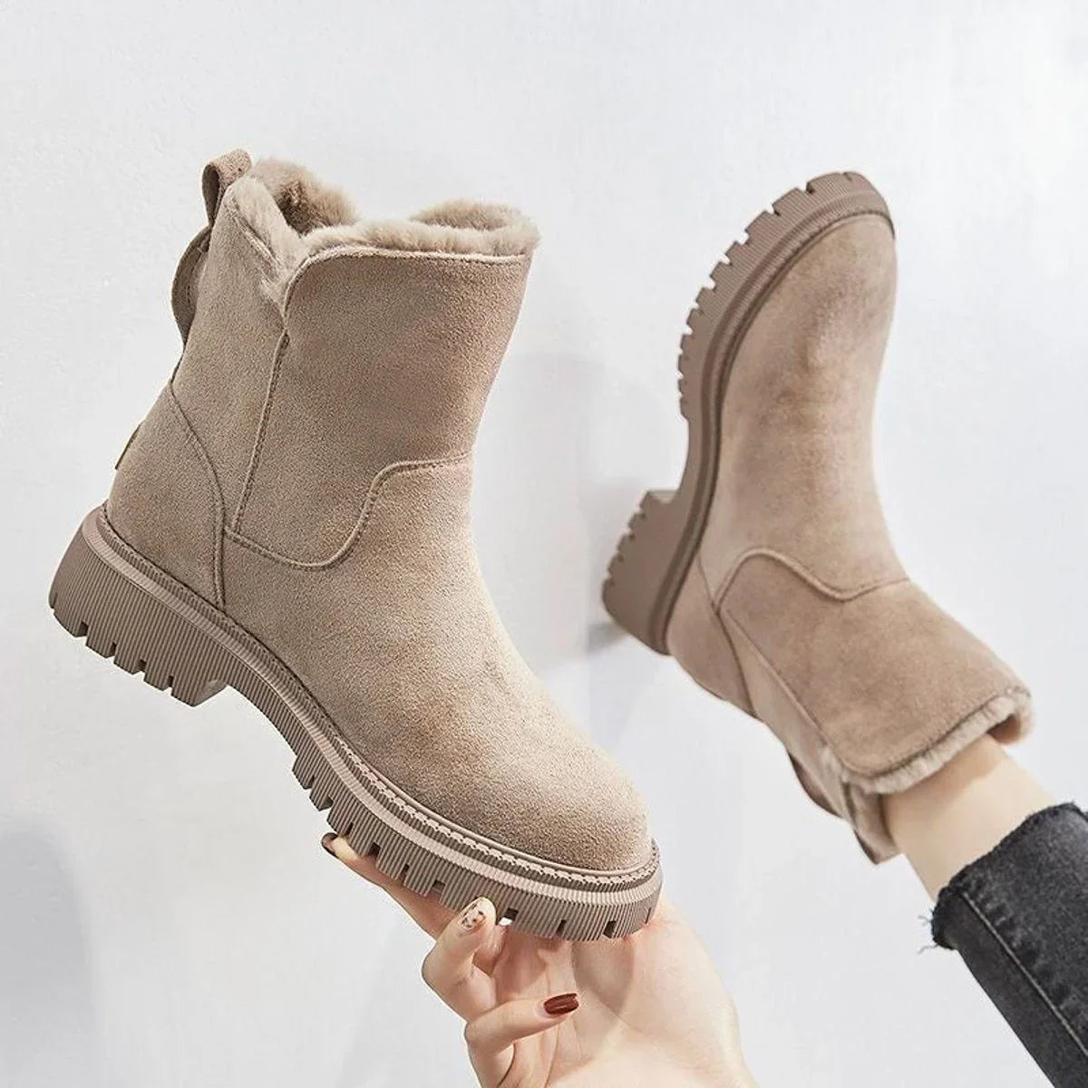 Women's suede slip-on ankle boots with fleece lining detail – Beige