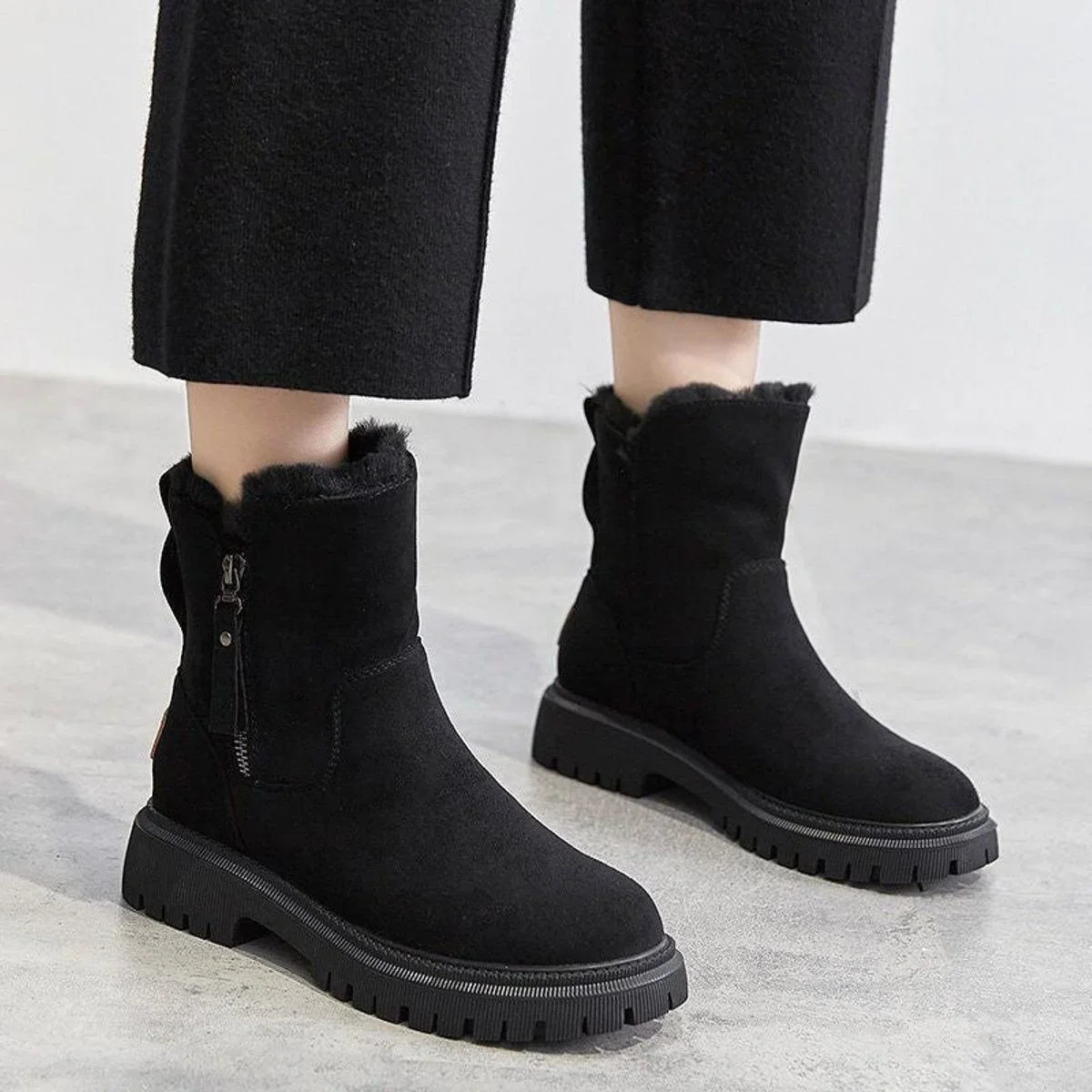 Women's suede slip-on ankle boots with fleece lining detail – Black