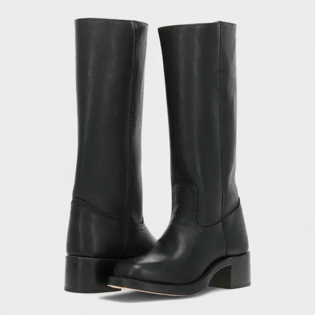 Women's tall leather calf boots with equestrian-inspired design – Black