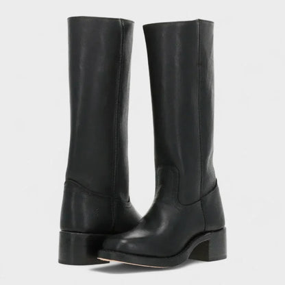 Women's tall leather calf boots with equestrian-inspired design – Black