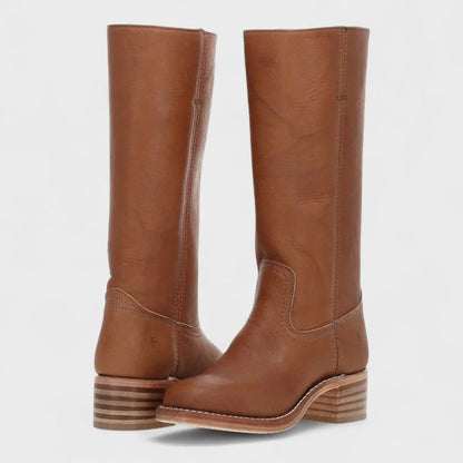 Women's tall leather calf boots with equestrian-inspired design – Brown