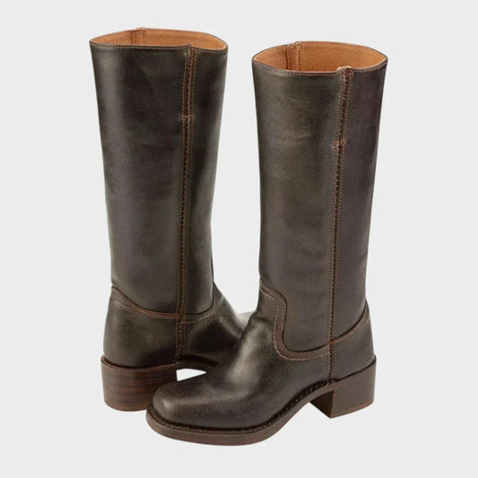 Women's tall leather calf boots with equestrian-inspired design – Dark Brown