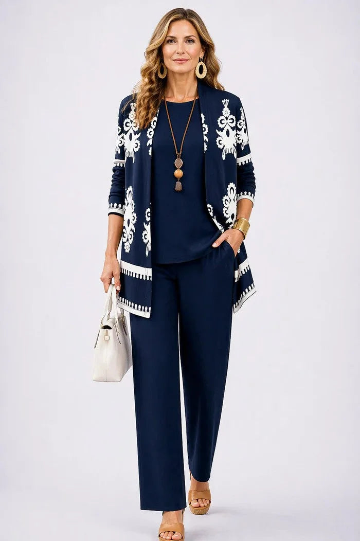 Women's long sleeve tops three-piece cardigan trousers