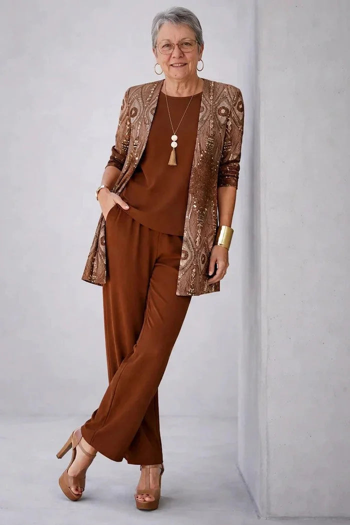 Women's long sleeve tops three-piece cardigan trousers