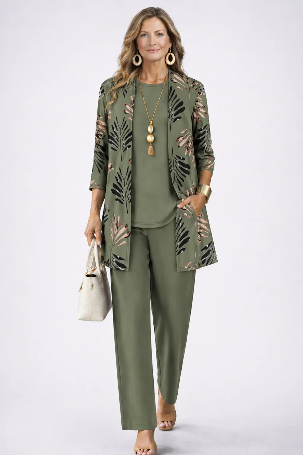 Women's long sleeve tops three-piece cardigan trousers – Green
