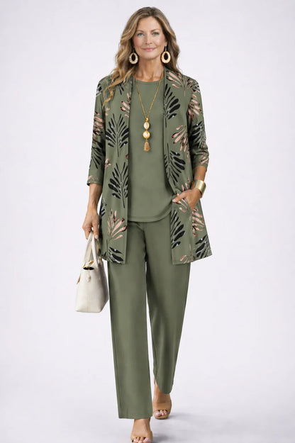 Women's long sleeve tops three-piece cardigan trousers – Green