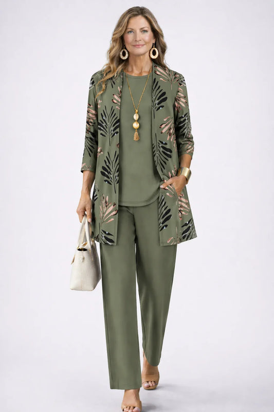 Women's long sleeve tops three-piece cardigan trousers – Green