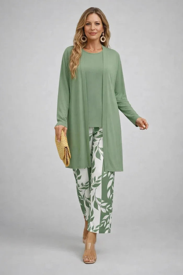 Women's long sleeve tops three-piece cardigan trousers – Green & White