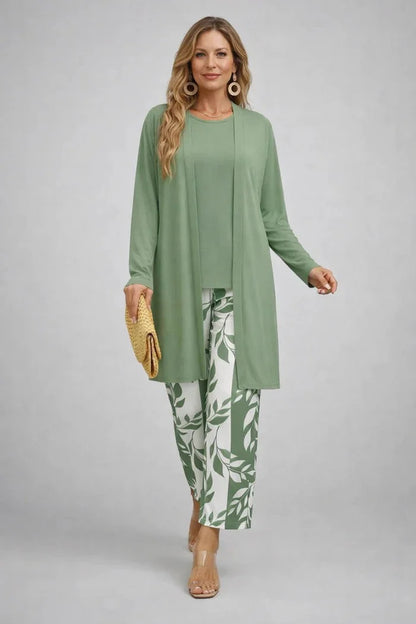 Women's long sleeve tops three-piece cardigan trousers – Green & White