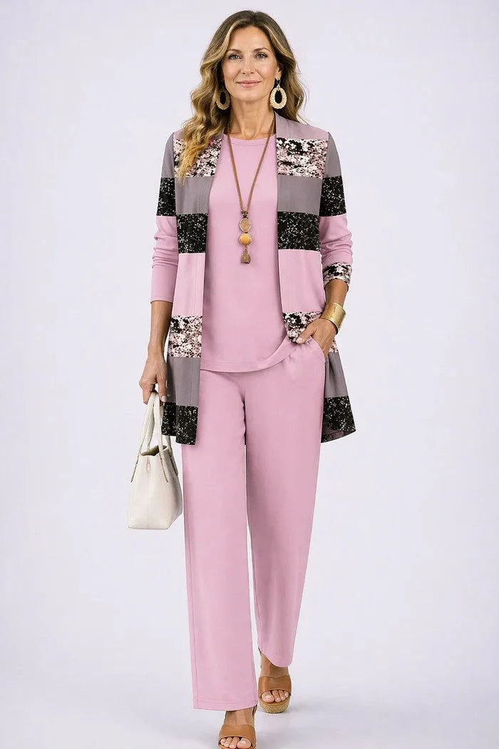 Women's long sleeve tops three-piece cardigan trousers – Pink