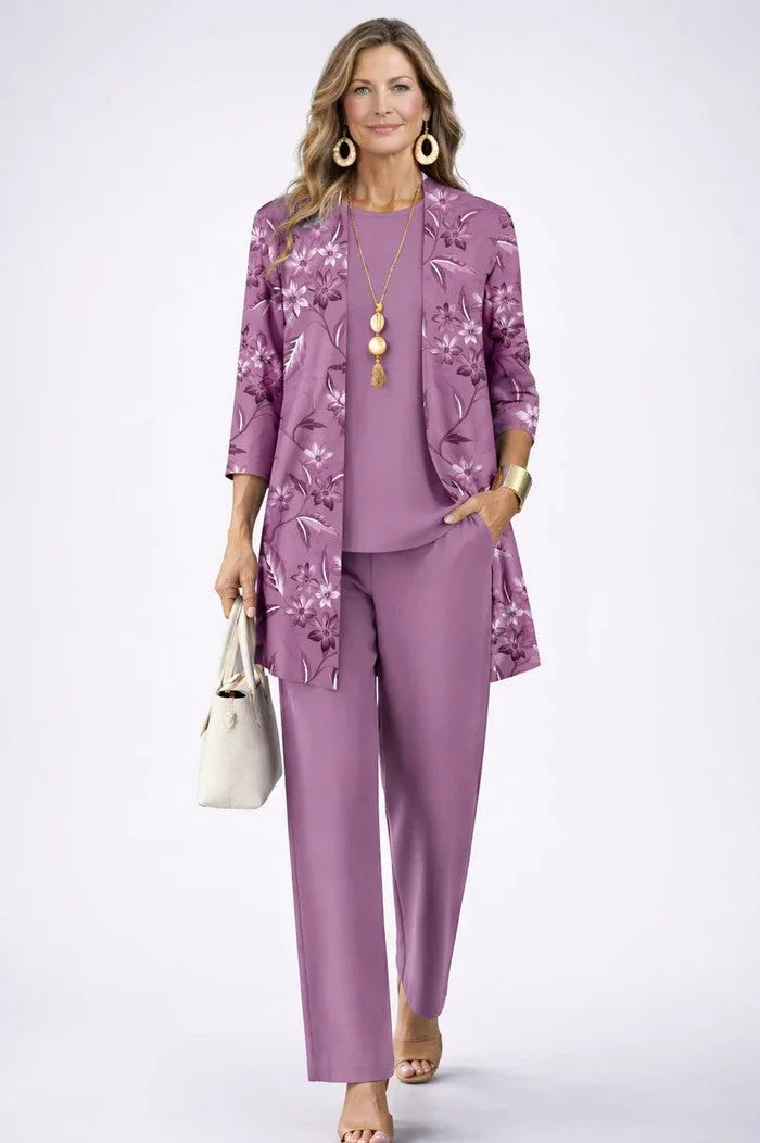 Women's long sleeve tops three-piece cardigan trousers – Purple