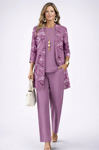 Women's long sleeve tops three-piece cardigan trousers – Purple