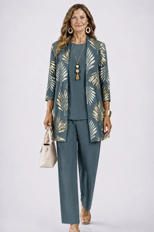 Women's long sleeve tops three-piece cardigan trousers – Vintage Teal