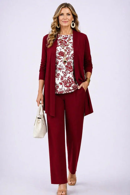 Women's long sleeve tops three-piece cardigan trousers – White & Red