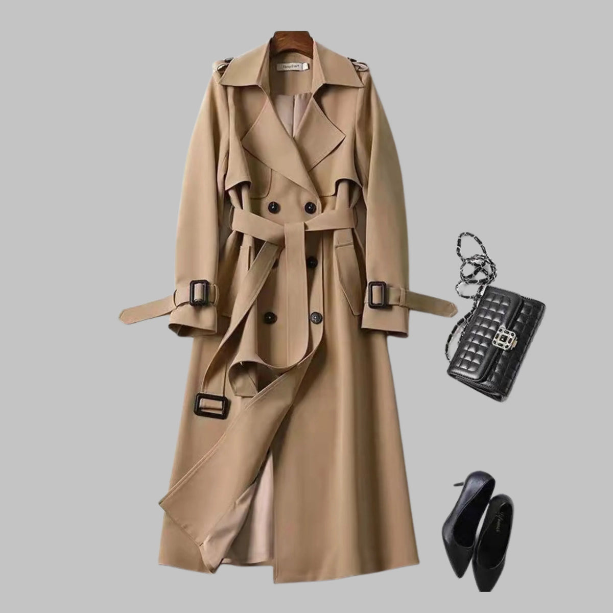 Women's knee-length loose-fit coat with classic silhouette – Beige