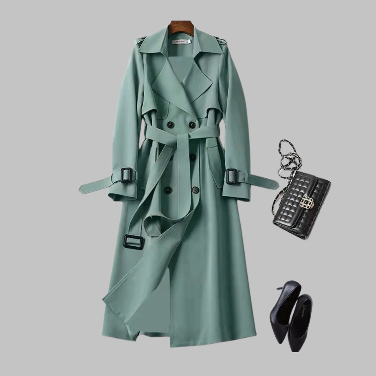 Women's knee-length loose-fit coat with classic silhouette – Green