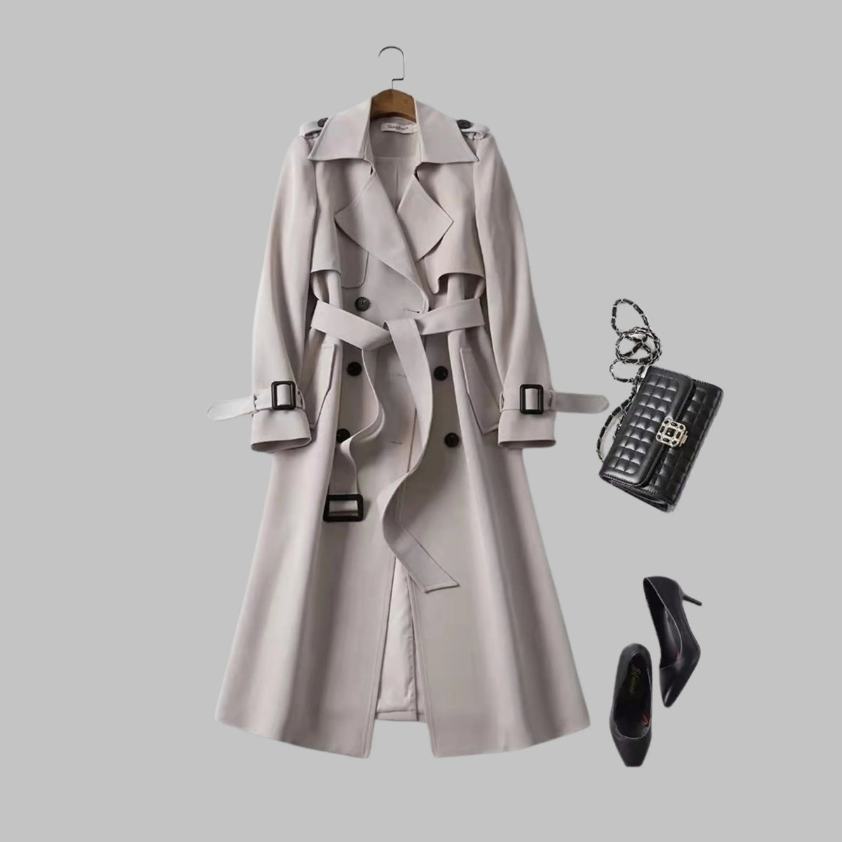 Women's knee-length loose-fit coat with classic silhouette – Khaki