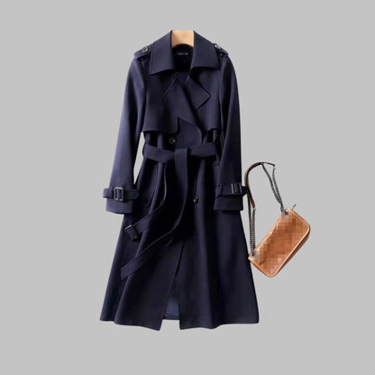Women's knee-length loose-fit coat with classic silhouette – Navy Blue