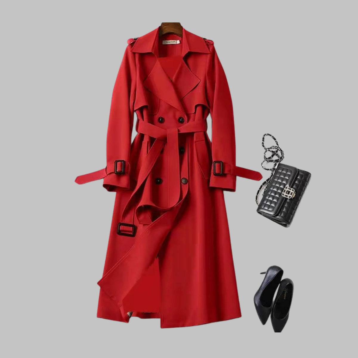 Women's knee-length loose-fit coat with classic silhouette – Red