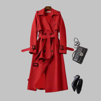 Women's knee-length loose-fit coat with classic silhouette – Red