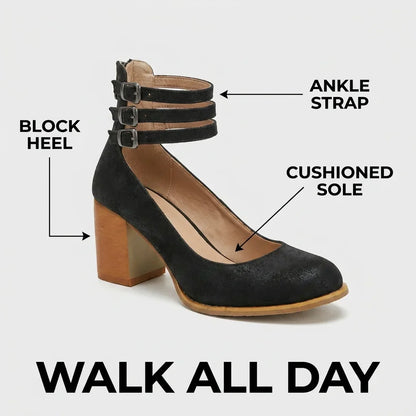 Women's ankle boots with triple buckle straps and block heel