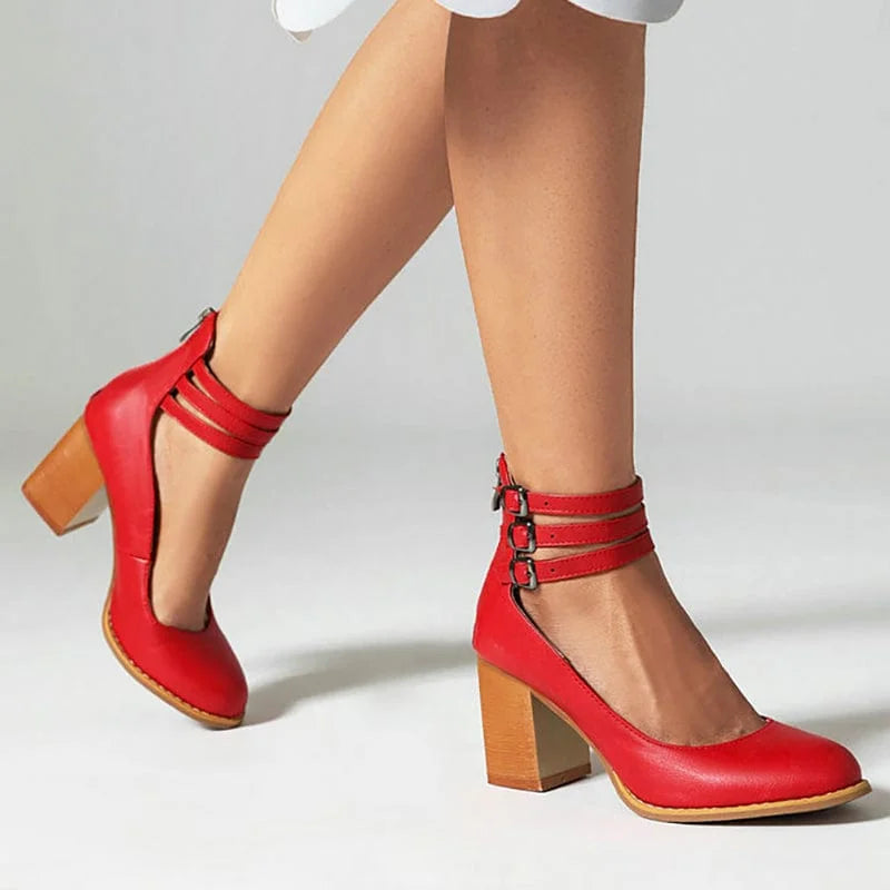 Women's ankle boots with triple buckle straps and block heel