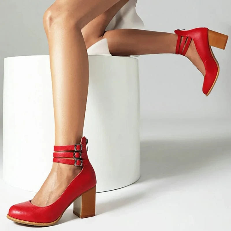 Women's ankle boots with triple buckle straps and block heel