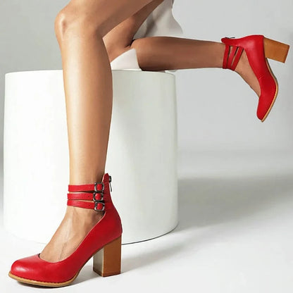 Women's ankle boots with triple buckle straps and block heel