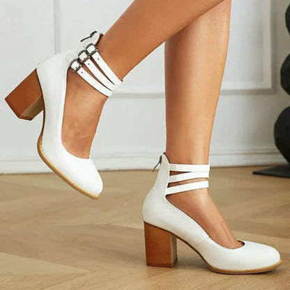 Women's ankle boots with triple buckle straps and block heel