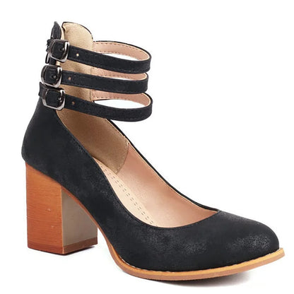 Women's ankle boots with triple buckle straps and block heel